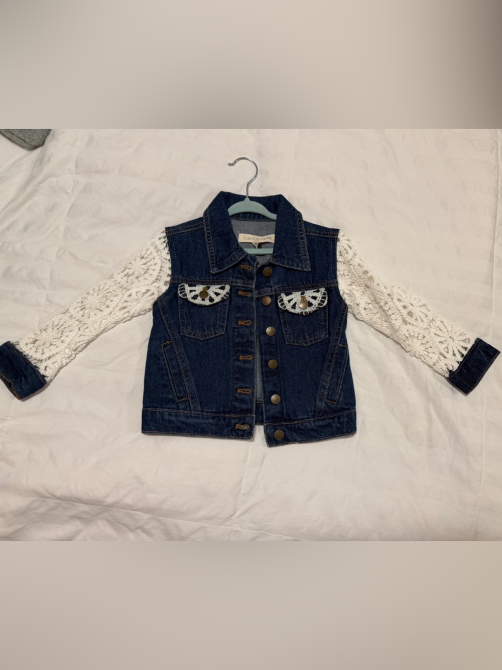 Cactus + Pearl Crochet Sleeve Denim Jacket 3T Boho Western NWOT”